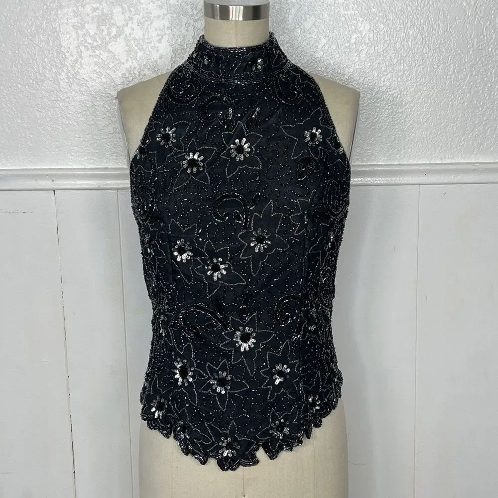 Vintage retro black embellished art deco boho halter top M